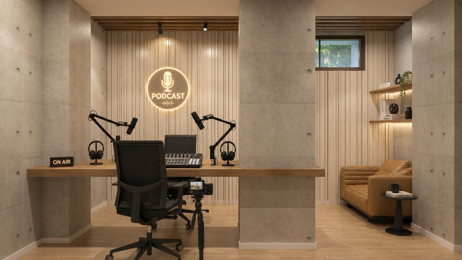 Podcast studio with microphones