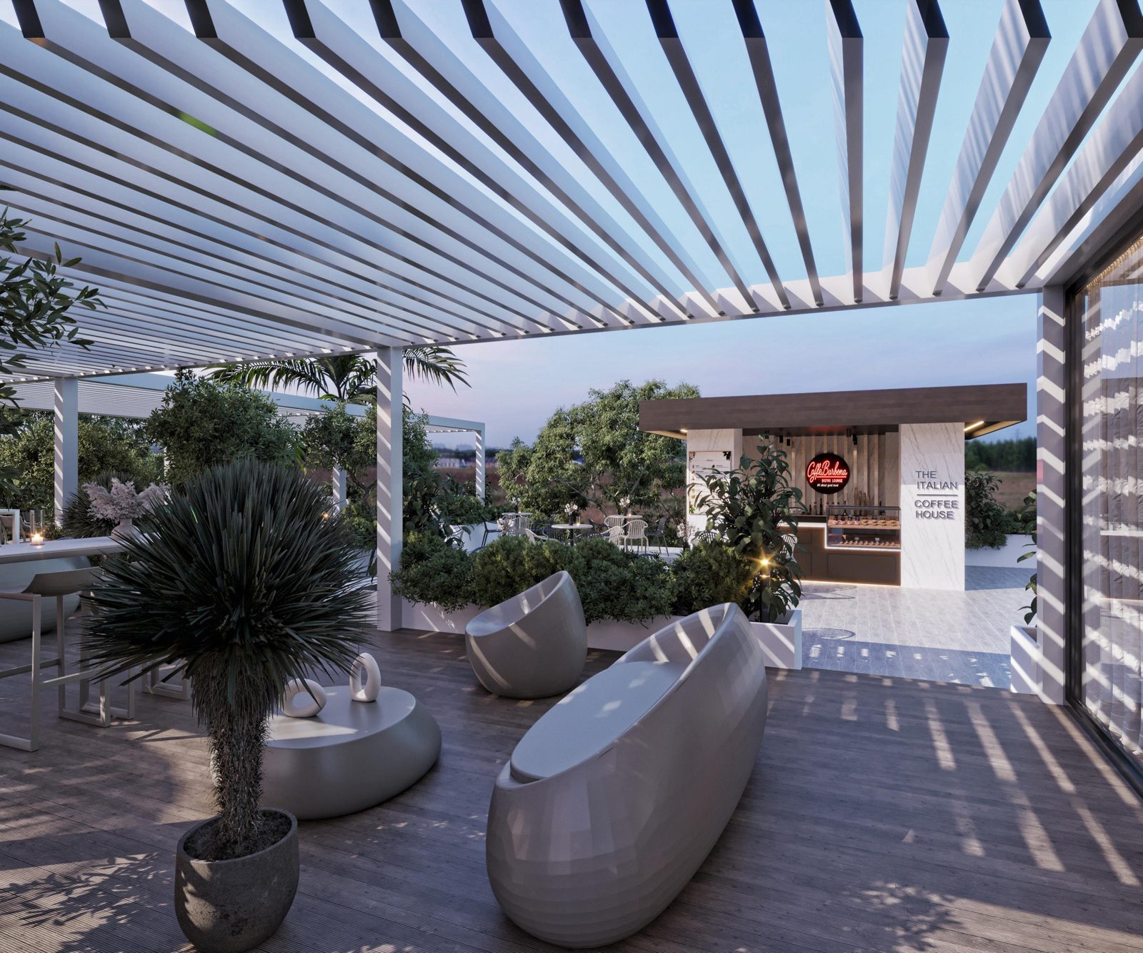 Rooftop lounge under a pergola